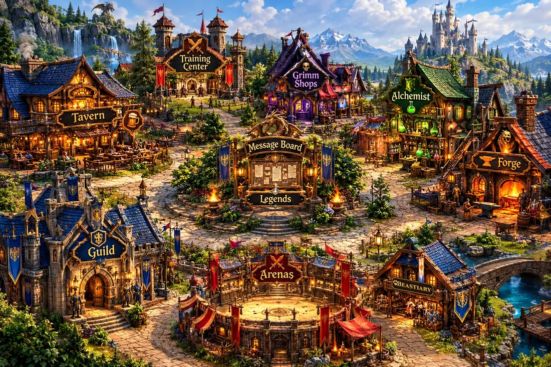 Grimm Village, the hub town of Ultimate Dominion
